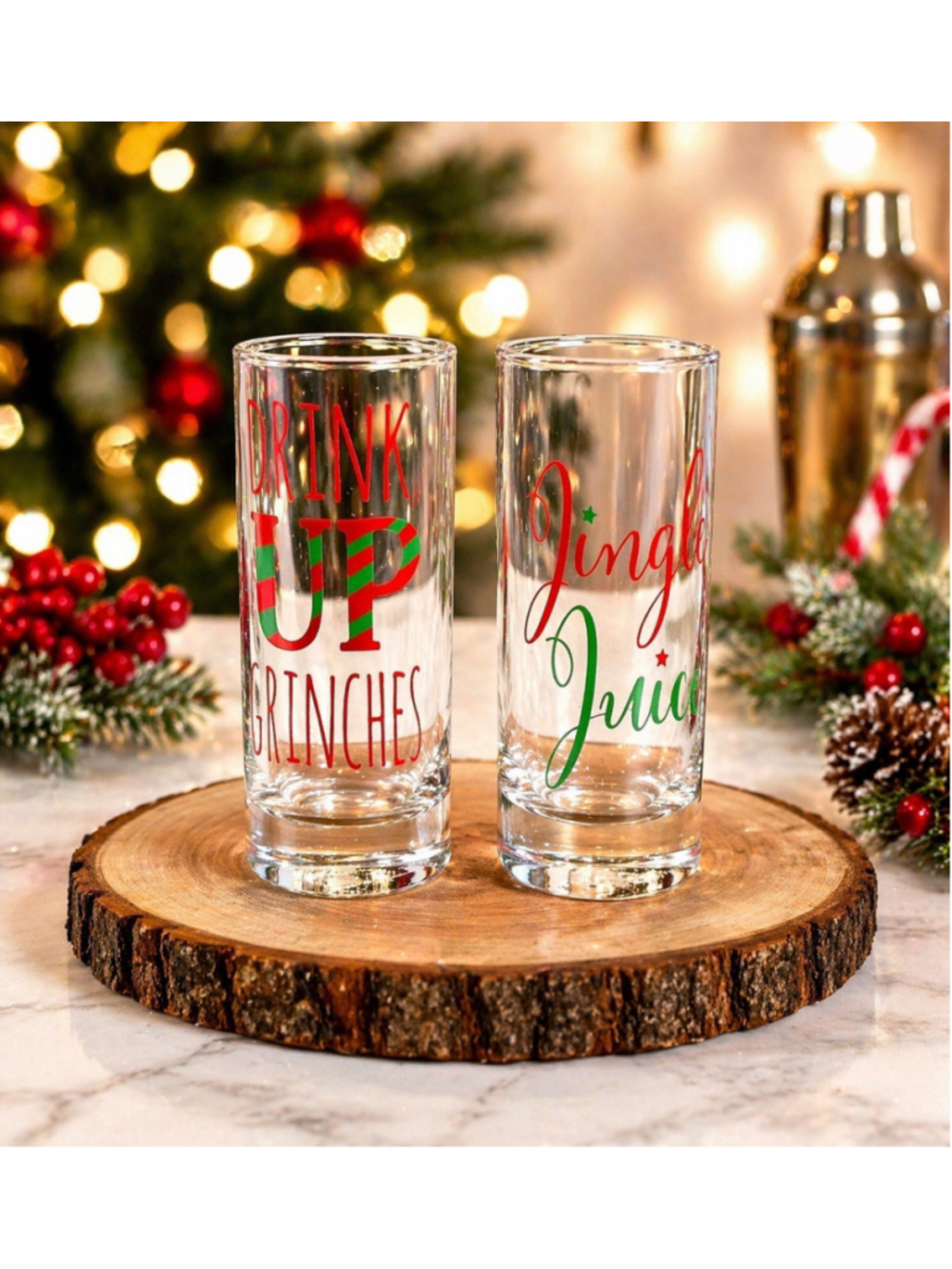 Christmas Shot Glass Set 2pc Drink Up Grinches Jingle Juice Holiday Barware